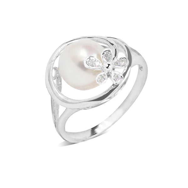 CULTURED PEARL WITH FLOWER AND DIAMONDS SET IN 14K WHITE GOLD