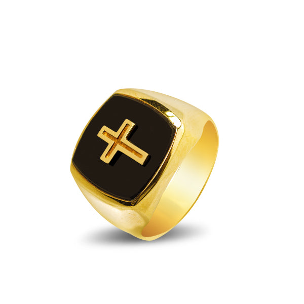 MEN'S RING BLACK ONYX WITH CROSS IN 18K GOLD