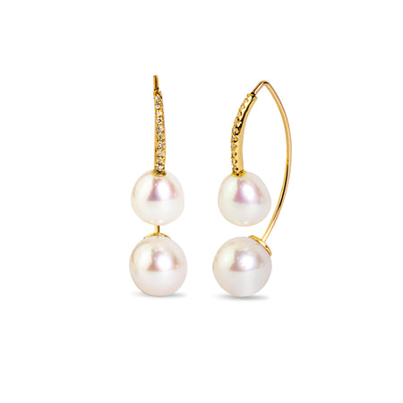 FRESHWATER PEARL HOOK EARRINGS WITH DIAMONDS IN 14K GOLD