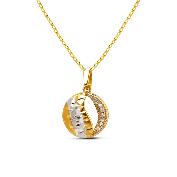 TEXTURED CIRCLE SHAPE PENDANT TWO-TONE WITH BARB CHAIN IN 14K GOLD