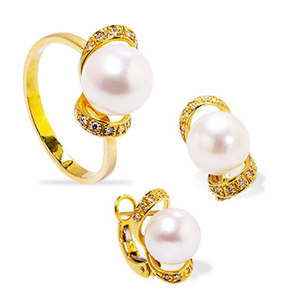PEARL RING AND EARRINGS SET FRESH WATER WITH DIAMONDS IN 14K YELLOW GOLD