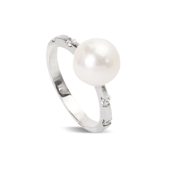 CULTURED PEARL RING WITH DIAMOND IN 14K WHITE GOLD