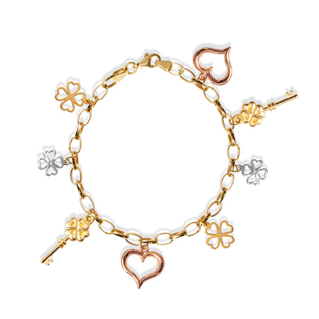 FOUR DIFFERENT CHARMS BRACELET IN TRI-COLOR 14K GOLD