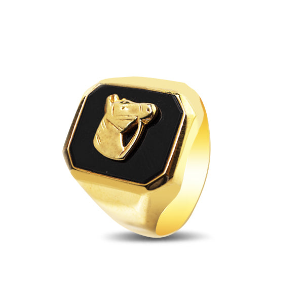 MEN'S RING BLACK ONYX WITH HORSE HEAD IN 18K GOLD