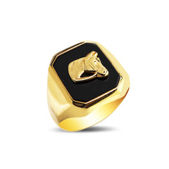 MEN'S RING BLACK ONYX WITH HORSE HEAD IN 18K GOLD