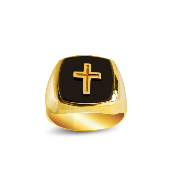 MEN'S RING BLACK ONYX WITH CROSS IN 18K GOLD