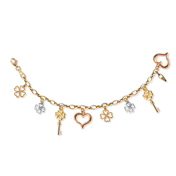 FOUR DIFFERENT CHARMS BRACELET IN TRI-COLOR 14K GOLD