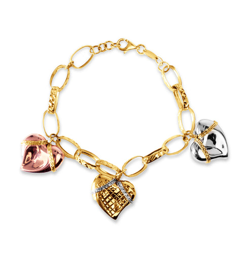 TRI-COLOR CHARM HEART BRACELET IN 14K YELLOW GOLD