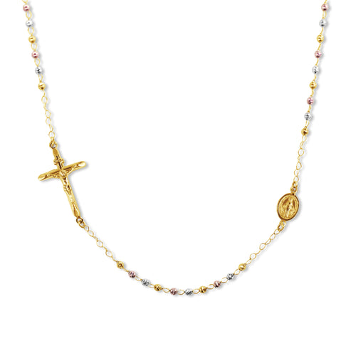 TRI-COLOR ROSARY NECKLACE IN 18K YELLOW GOLD