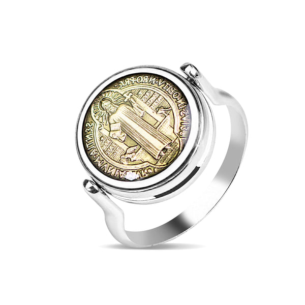 SAINT BENEDICT RING BACK TO BACK IMAGE IN 14K WHITE GOLD