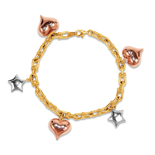 TRI-COLOR CHARM HEART AND STAR  BRACELETS IN 18K YELLOW GOLD