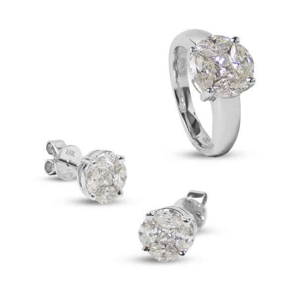 ILLUSION SET RING AND EARRING WITH DIAMOND IN 18K WHITE GOLD