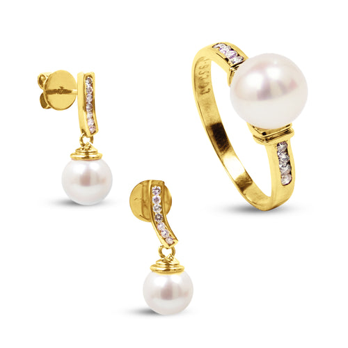 PEARL SET RING AND EARRING WITH DIAMOND IN 14K YELLOW GOLD