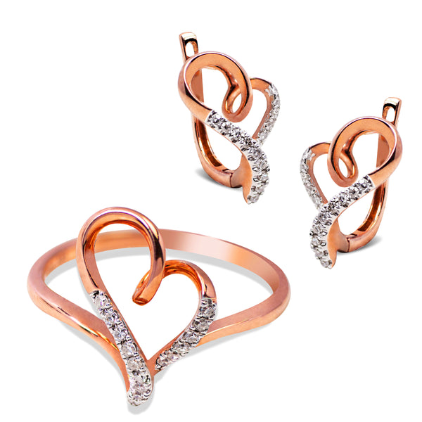 HEART RING AND EARRINGS SET  WITH DIAMONDS IN 14K ROSE GOLD