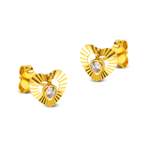 TEXTURED HEART WITH DANGLING CUBIC ZIRCONIAN STUD EARRINGS IN 18K YELLOW GOLD