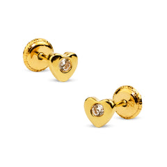 HEART WITH CUBIC ZIRCONIA THREADED EARRINGS IN 18K YELLOW GOLD