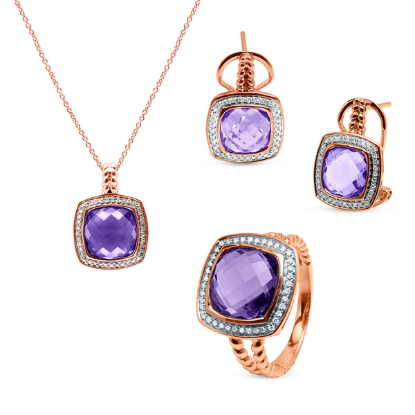 AMETHYST STONE SET WITH DIAMONDS IN 14K ROSE GOLD