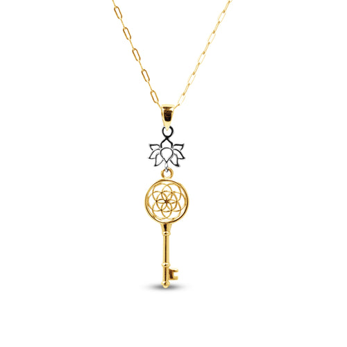 KEY WITH LOTUS FLOWER PENDANT TWO-TONE WITH CHAINS IN 18K GOLD