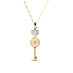 KEY WITH LOTUS FLOWER PENDANT TWO-TONE WITH CHAINS IN 18K GOLD