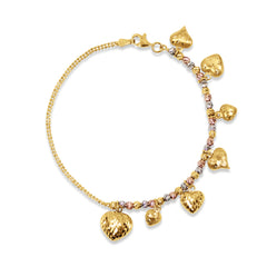 HEART CHARMS BRACELET TRI-COLOR IN 18K YELLOW GOLD