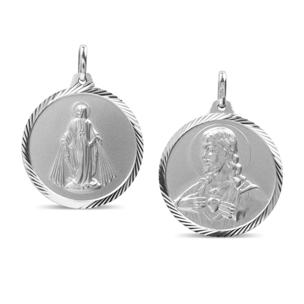 SACRED HEART & MARY  IN 14K WHITE GOLD SPANISH MEDAL