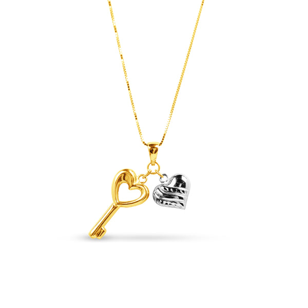 TWO TONE HEART KEY CHARMS WITH BOX CHAIN IN 18K GOLD