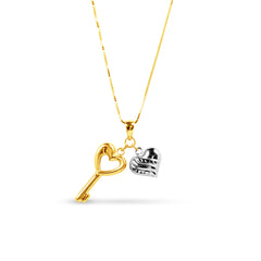 TWO TONE HEART KEY CHARMS WITH BOX CHAIN IN 18K GOLD