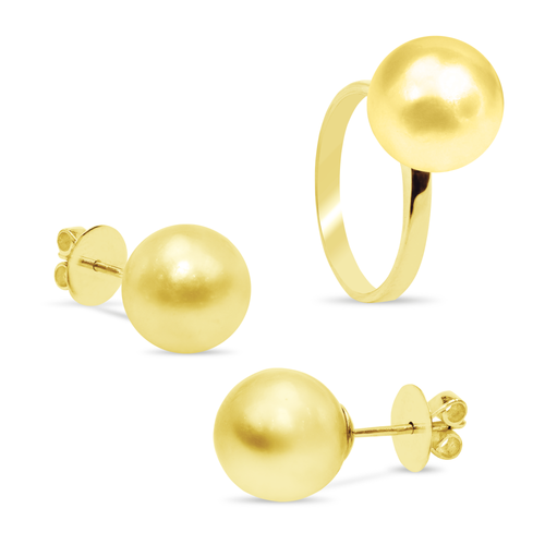 ROUND GOLD SOUTH SEA PEARL RING AND EARRING SET IN 14K YELLOW GOLD