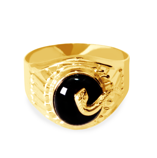 SNAKE WITH ONYX MENS RING IN 18K YELLOW GOLD