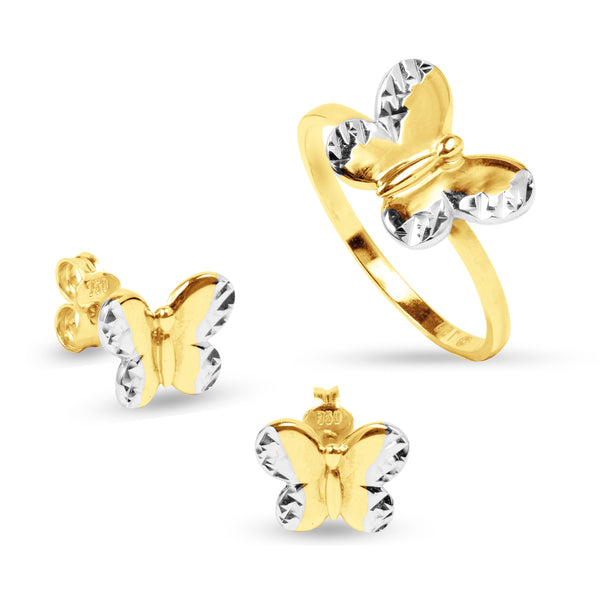 TWO-TONE BUTTERFLY RING AND EARRINGS SET IN 18K GOLD