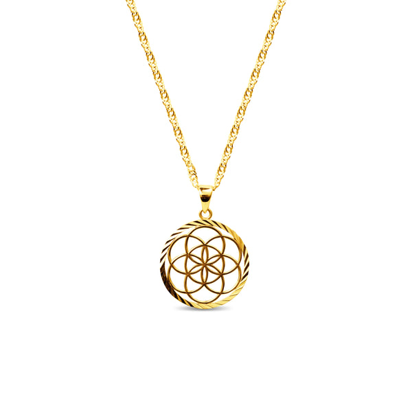 FLOWER OF LIFE PENDANT WITH BARB CHAIN IN 18K YELLOW GOLD