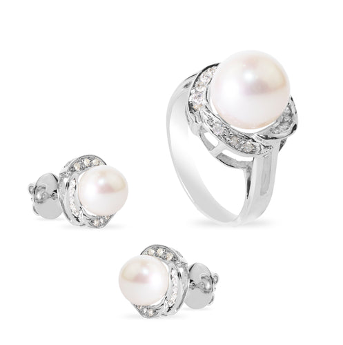CULTURED PEARL RING AND EARRINGS SET WITH DIAMONDS IN14K WHITE GOLD
