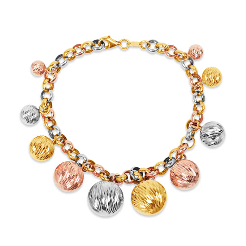 ROLO CHAIN BRACELET WITH TRI-COLOR CHARM BALL IN 18K YELLOW GOLD