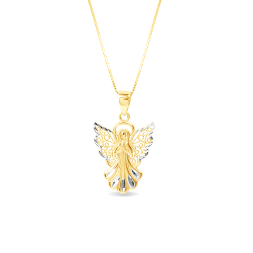 TWO-TONE FILIGREE ANGEL PENDANT WITH FINE BOX CHAIN IN 14K GOLD