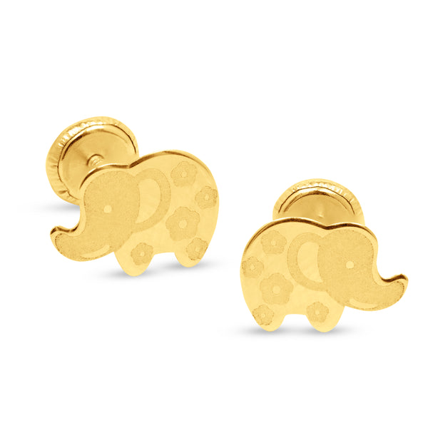 ELEPHANT WITH FLOWER THREADED EARRINGS IN 18K YELLOW GOLD