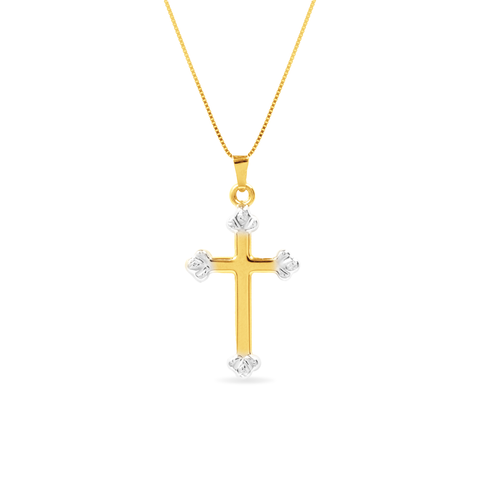 TWO-TONE CROSS PENDANT WITH FINE BOX CHAIN IN 14K GOLD