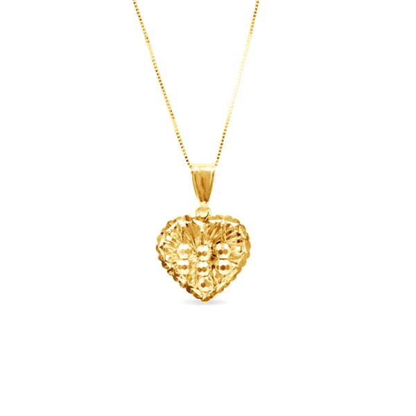 TEXTURED HEART WITH ROUND CHARMS WITH FINE BOX CHAIN IN 14K YELLOW GOLD