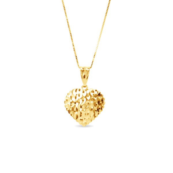 TEXTURED HEART WITH ROUND CHARMS WITH FINE BOX CHAIN IN 14K YELLOW GOLD