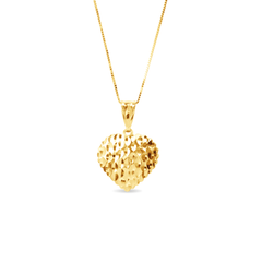 TEXTURED HEART WITH ROUND CHARMS WITH FINE BOX CHAIN IN 14K YELLOW GOLD