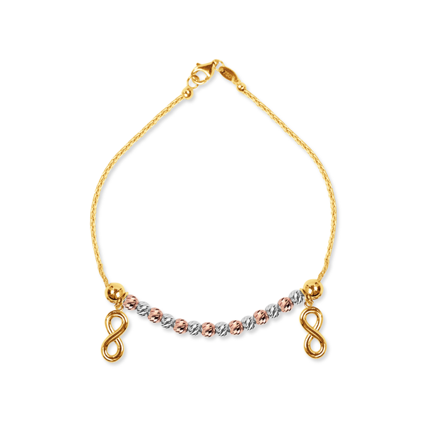 TRI-COLOR DANGLING BRACELET WITH ROUND AND CHARMS INFINITY IN 18K GOLD