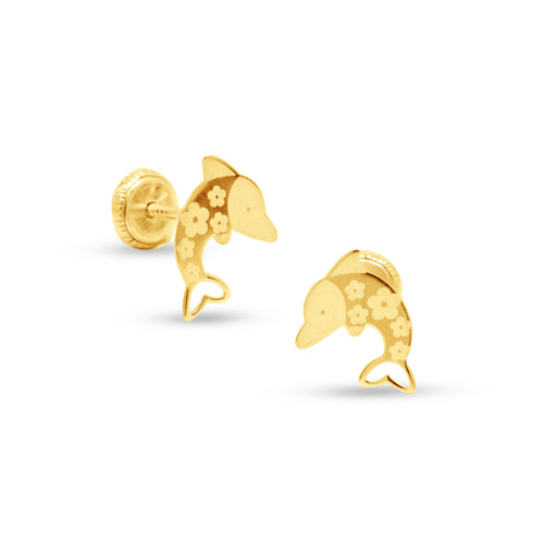 DOLPHIN WITH FLOWER THREADED EARRINGS IN 18K YELLOW GOLD