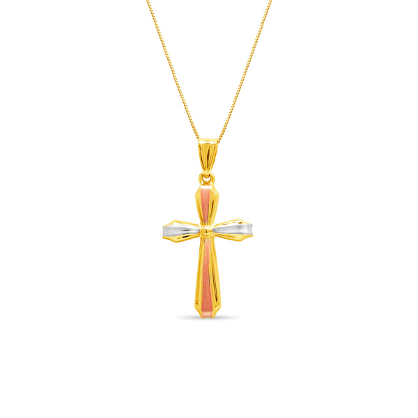 TRI-COLOR CROSS PENDANT WITH FINE BOX CHAIN IN 14K GOLD