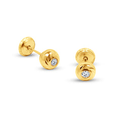 ROUND TEXTURED WITH CZ STONE THREADED EARRINGS IN 18K YELLOW GOLD