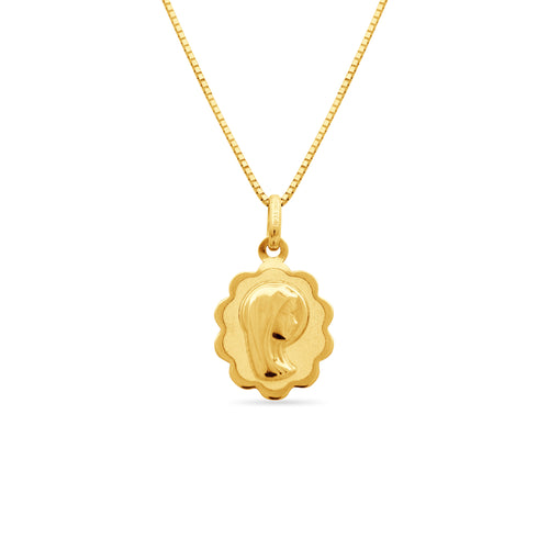 MARY MEDAL WITH BOX CHAIN IN 18K YELLOW GOLD