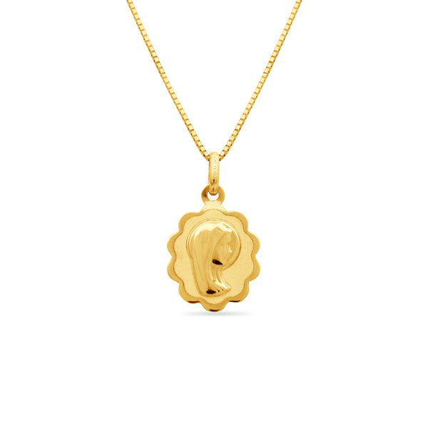 MARY MEDAL WITH BOX CHAIN IN 18K YELLOW GOLD