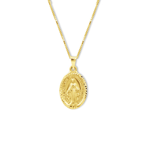 MARY MIRACULOUS MEDAL PENDANT WITH CHAIN IN 18K YELLOW GOLD