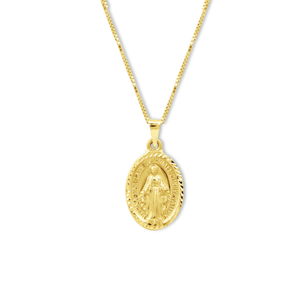 MARY MIRACULOUS MEDAL PENDANT WITH CHAIN IN 18K YELLOW GOLD