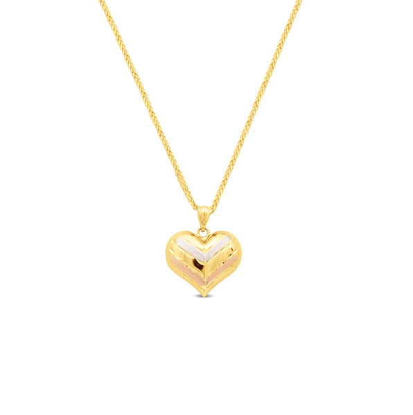 TRI-COLOR HEART PENDANT WITH FOXTAIL CHAIN IN 18K YELLOW GOLD