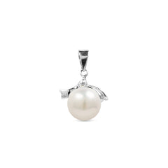 CULTURED PEARL WITH RIBBON PENDANT AND DIAMOND IN 14K WHITED GOLD
