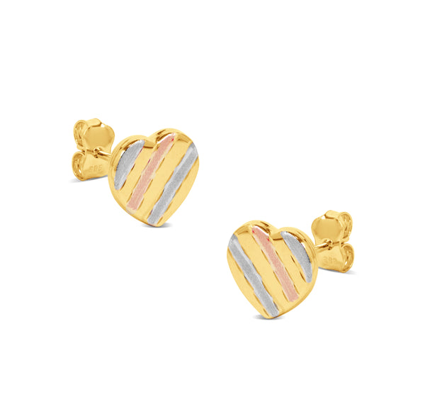 TRI-COLOR HEART EARRINGS IN 14K YELLOW GOLD